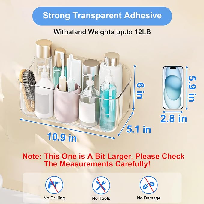 Diesisa Acrylic Wall Mount Organizer - 5.1" D x 10.9" W x 6" H, Large Size Adhesive Wall Self - Shower Caddies Organizer - Bathroom Shelves with Self Adhesive Tape for Bathroom, Kitchen - Large Size - Image 3