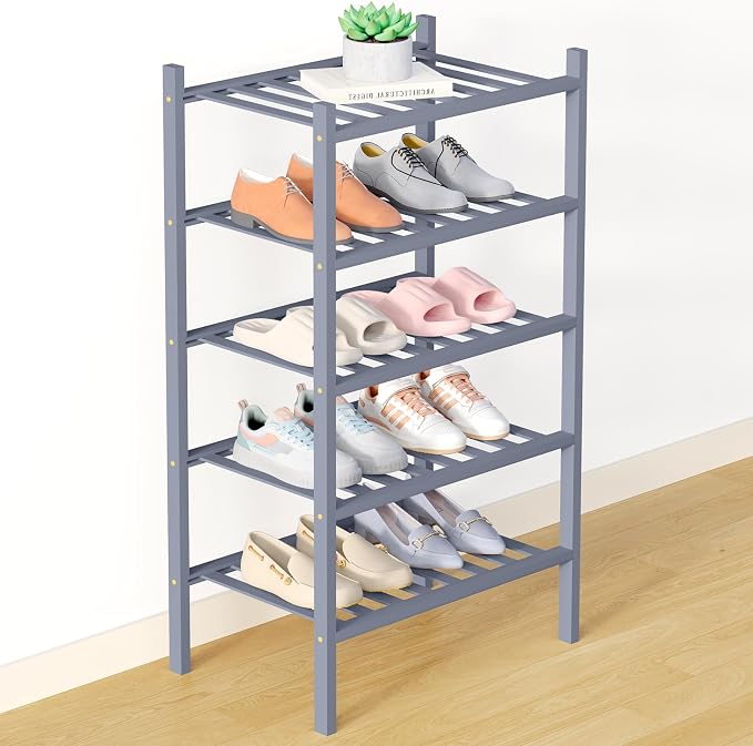 Smiry Bamboo Shoe Rack for Closet, 5 Tier Small Wooden Stackable Shoe Organizer, Free Standing Shoes Storage Shelf for Entryway, Front Door Entrance, Grey by Smiry