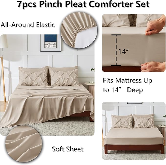 CozyLux Queen Comforter Set Wheat, 7 Pieces Pintuck Bed in A Bag, Premium Wheat Comforter Queen Size, Pinch Pleat Bedding Sets with Comforter, Sheets, Pillowcases & Shams