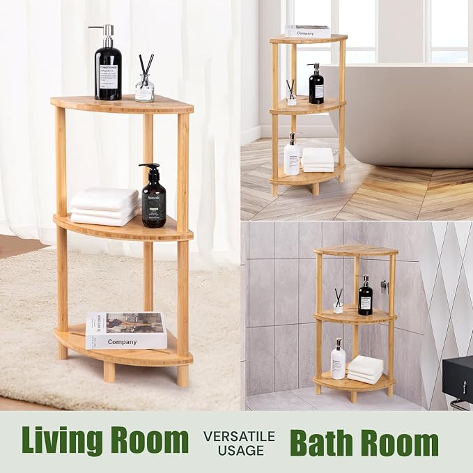 Corner Shower Caddy Stand, Bamboo Shower Organizer Standing with Anti-Slip Feet, Bathroom Corner Shelf,Waterproof & Durable, Space-Saving Design Storage for Kitchen or Living Room - Image 5