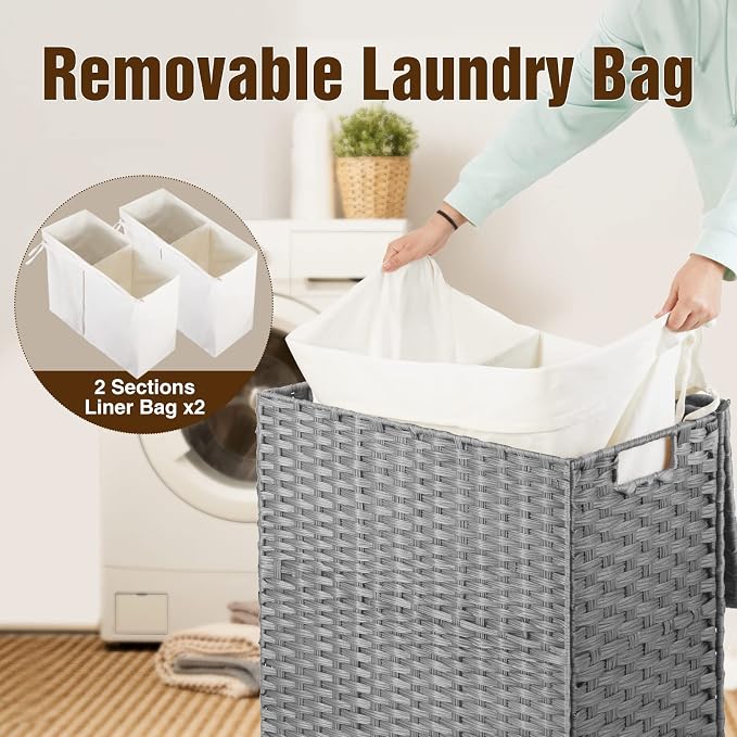Greenstell Laundry Hamper with 2 Removable Liner Bags - 90L Divided Clothes Hamper, Handwoven Synthetic Rattan Foldable Laundry Basket with Lid and Handles Gray (18.3x13.3x24.0Inches) - Image 7