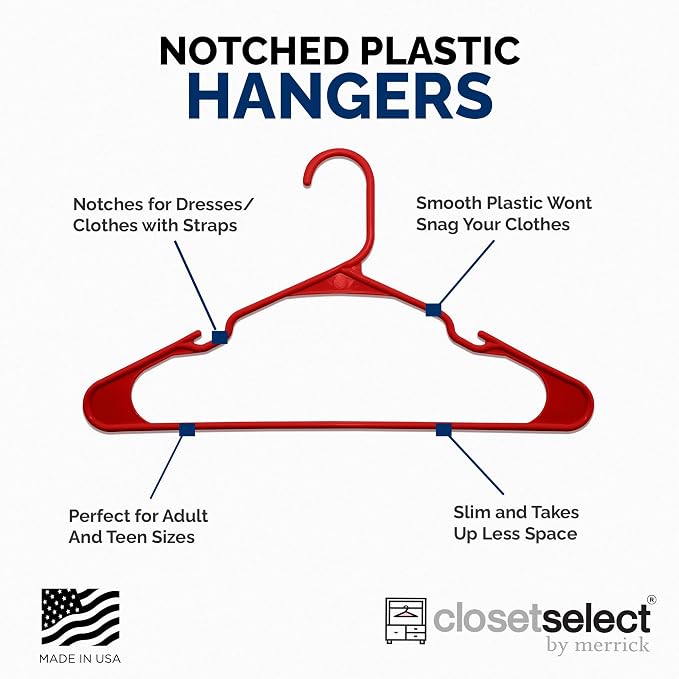Closetselect Plastic Hangers 50 Pack - Space Saving Clothes Hangers, Made in USA, Durable & Strong Plastic Shirt & Coat Hanger with Notches & Shoulder Grooves, Non-Slip Clothing Hangers | Red Engine - Image 4