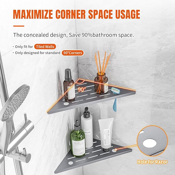 Corner Shower Shelves with Rozar Hole,Rustproof Stainless Steel Corner Shower Caddy Organizer Modern Sturdy Shower Shelf for Inside Shower 10" Large Capacity No-Drill Rack Storage Bathroom Accessories - Image 3