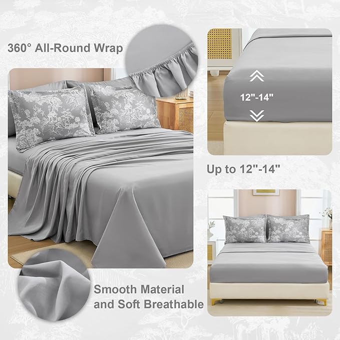 DJY Grey Comforter Set King, 7 Pieces Grey Botanical Comforters King Size Elegant Plants Print with Sheets Bed in a Bag Soft Microfiber Reversible Complete Bedding Sets for All Season