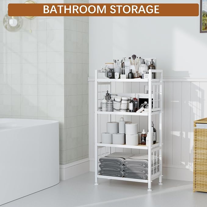 GIOTORENT 4-Tier Pantry Shelves with Wooden Boards, Heavy Duty Storage Shelves & Book Shelf, Adjustable Metal Shelving Unit for Kitchen Bathroom Laundry Organizer, Sturdy Rust-Resistant, White - Image 5