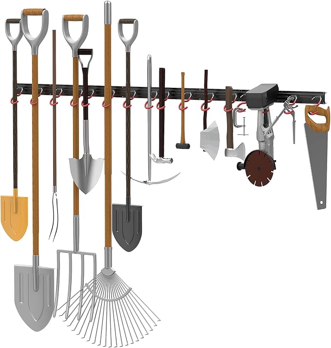 WALMANN All Metal 64 Inch Wall Mount Garden Tool Organizer for Garage, Mop and Broom Holder, Yard Tool Storage Rack for Rake, Shovel, Spade, Mop, Broom(4 Rails, 16 Hooks) - Image 2