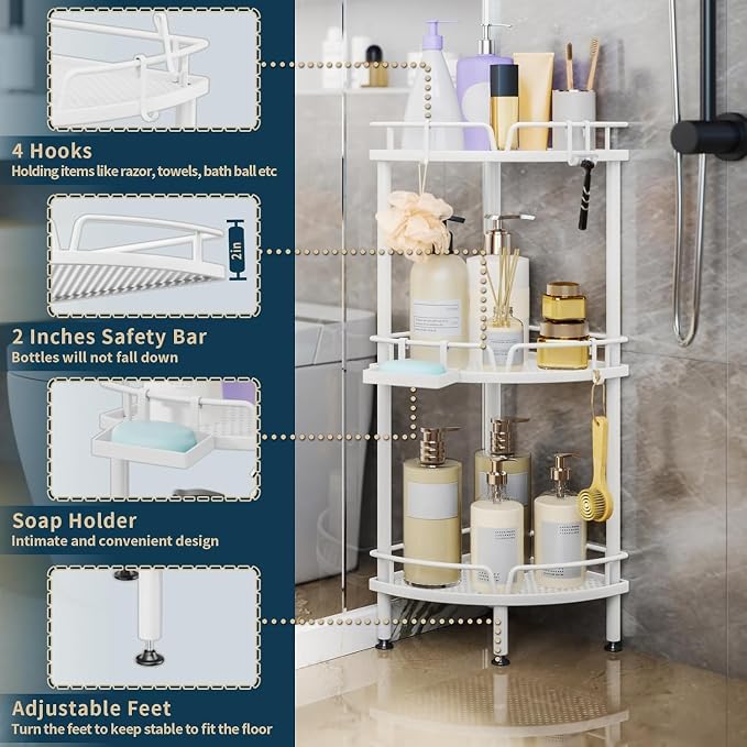 Consumest Corner Shower Caddy Standing - 3 Tier Shower Organizer with Soap Holder, Tall Floor Storage Rack with Adjustable Feet & 4 Hooks, Bathroom Corner Shelf, White - Image 4