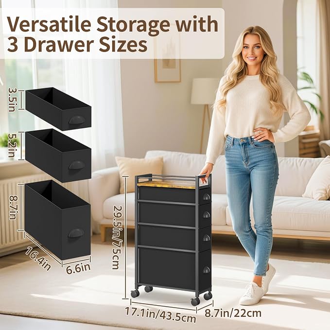 LASZOLA 4 Drawer Narrow Dresser Slim Cabinet Skinny Storage Tower Chest, Ideal for Small Spaces Bathroom Bedroom, Between Washer and Dryer, Lightweight Mobile on Wheels, Sturdy Fabric Drawers, Black - Image 2