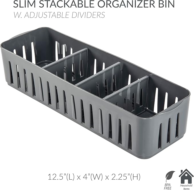 Simplify 2 Pack 4 Compartment Stackable Bin with Adjustable Dividers | Drawer Organizer | Storage Basket | Good for Office | Desk Supplies | Dorm |Bathroom | Accessories | Make Up | Grey - Image 2