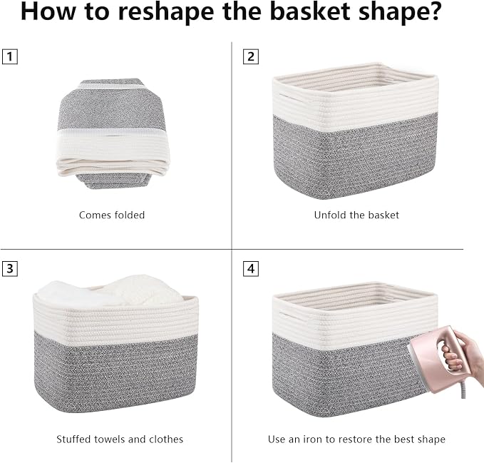 OIAHOMY 4 Pack Storage Baskets for Organizing, Basket for Shelves with Handle, Woven Baskets for Storage Toys, Towels, Books, Cotton Rope Basket 13" L x 9 " W x 7.8 " H, Grey & White - Image 5