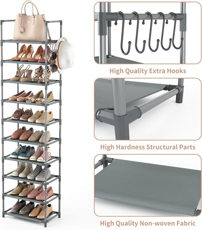LANTEFUL 10 Tiers Tall Shoe Rack 20-25 Pairs Boots Organizer Storage Sturdy Narrow Shoe Shelf for Entryway, Closets with Hooks, Grey - Image 4