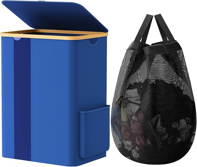 BlissTotes Laundry Basket with Lid, 80L Clothes Laundry Hamper with Handles and Removable Laundry Bag, Breathable Design Hamper with Lid for Bedroom, Bathroom, Dorm, Laundry Room - Blue by BlissTotes
