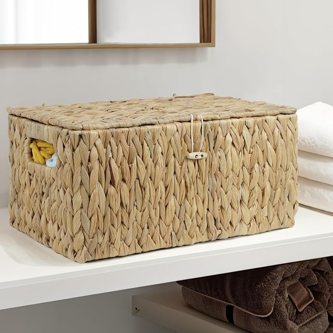 ORDELITE Large Wicker Basket with Lid, Rectangular Water Hyacinth Storage Baskets for Organizing, Woven Basket for Storage, Decorative Boxes Bins with Lids Home Organizer Decor - Image 5