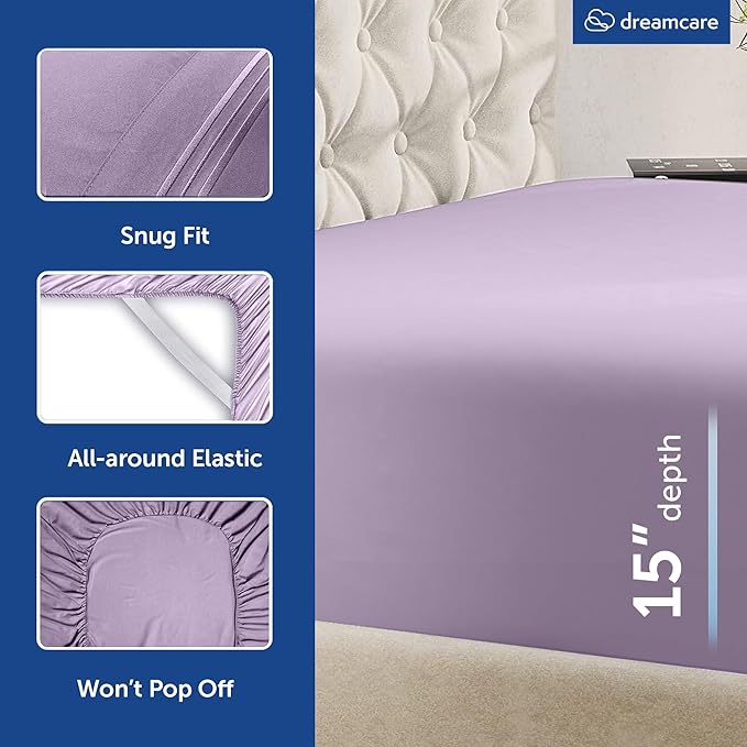 DREAMCARE King Size Sheets Set - 6 pcs Breathable Cooling Bed Sheets - up to 15" Deep Pocket King Sheet Set with Side Pockets - Extra Soft 100% Brushed Hypoallergenic Hotel Luxury Bedding - Lavender