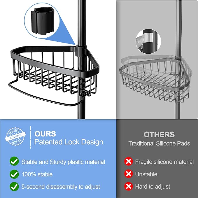 Corner Shower Caddy Tension Pole: Adjustable Rustproof 4-Tier Inside Bathroom Organizer - 47-121 inch Quick Installation Bathtub Shelves for Shampoo Storage - Rod Floor Standing Bath Rack - Black - Image 3