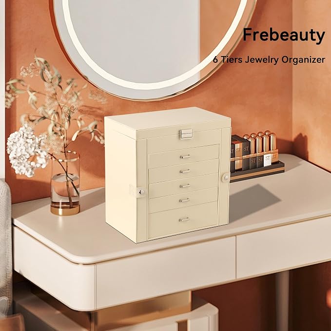 Frebeauty Large Jewelry Box,6-Tier PU Leather Jewelry Organizer,Multi-functional Storage Case with Mirror,Accessories Holder with 5 Drawers for Necklace Bracelets Watches(Beige) - Image 2