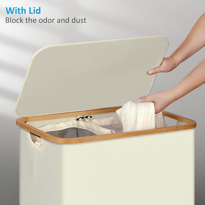 efluky Laundry Hamper with Lid, 160L Tall Laundry Basket with Bamboo Handles for Clothes and Toys, Collapsible Laundry Hamper with 2 Inner Bags for Bedroom and Bathroom, Beige - Image 2