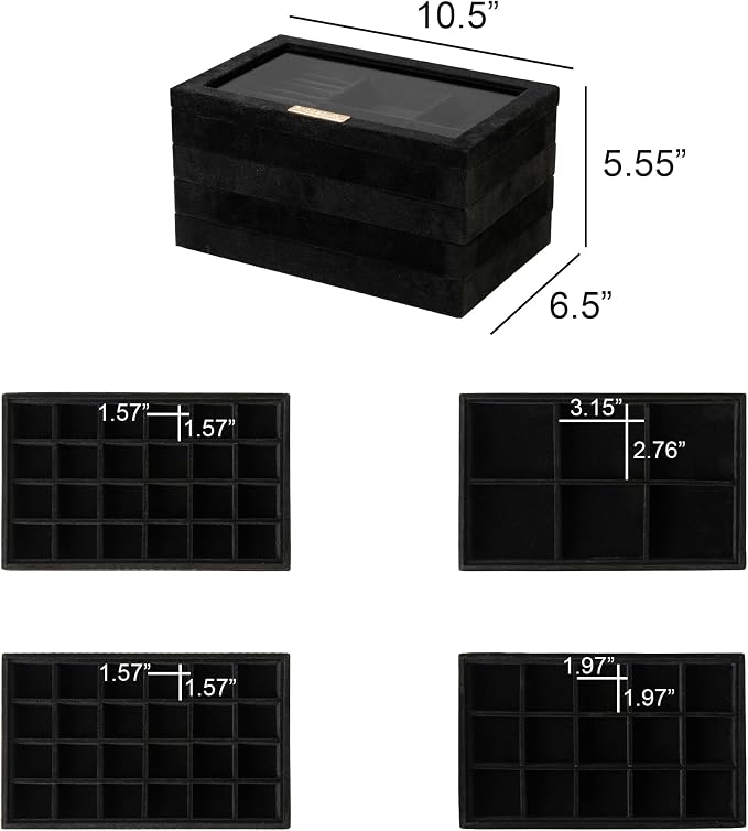 Frebeauty Earring Holder Stackable Jewelry Trays,Velvet Drawer Jewelry Organizer with Glass Lid, 5 in 1 Jewelry Box for Earrings Rings Studs,10.5 x 6.5 x 5.55 Inches Gift for Women (Black) - Image 3