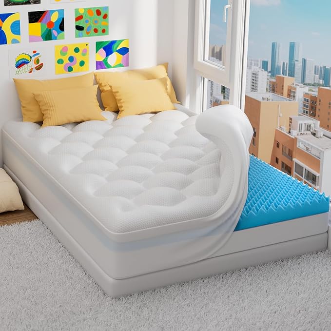 OhGeni Cooling 5 Inch Full Size Dual Layer Mattress Topper, 3 Inch Egg Crate Gel Memory Foam, 2 Inch Pillow Top Pad, Bedroom Essentials Mattresses Cover, Extra Comfortable Sleep and Back Pain Relief