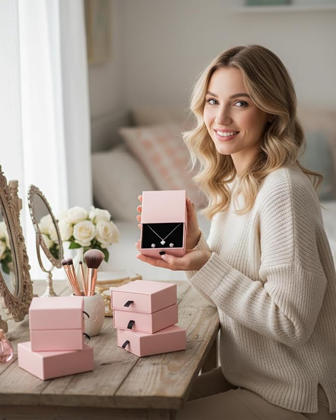 Jewelry Gift Box Velvet-Lined, 12 Pack Compact Drawer Style for Earrings & Rings, Necklace & Bracelet Organizer, Stackable Jewelry Display & Storage Box, Elegant Jewelry Storage (Pink) - Image 3