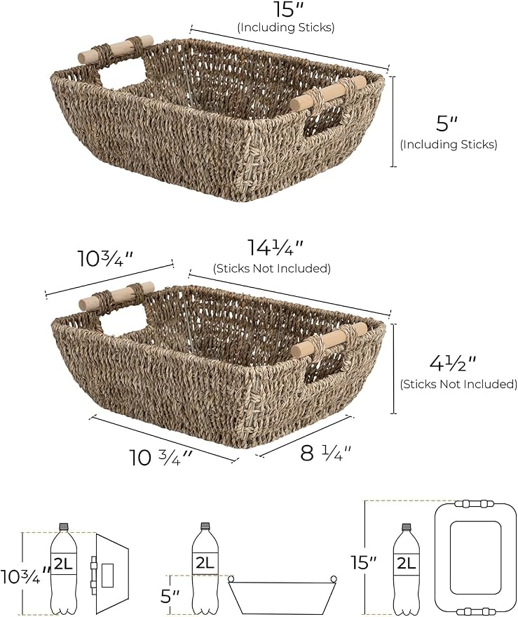 StorageWorks Hand-Woven Large Storage Baskets with Wooden Handles, Seagrass Wicker Baskets for Organizing, 2-Pack - Image 2