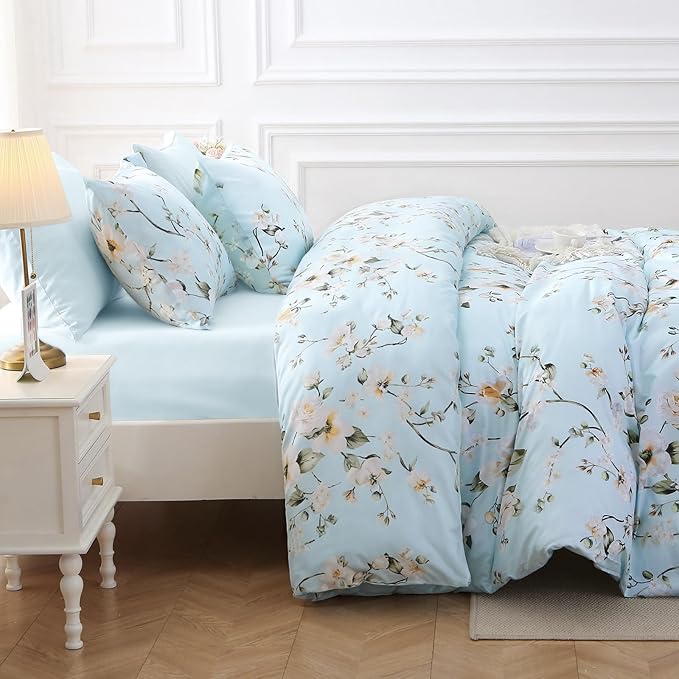 MUXHOMO Ceiba Blue Full Comforter Set, Elegant Floral Print Bed in a Bag 7 Pieces, Ultra Soft & Breathable Reversible Botanical Pattern Bedding Set with Comforter, Sheets, Pillowcases, and Shams