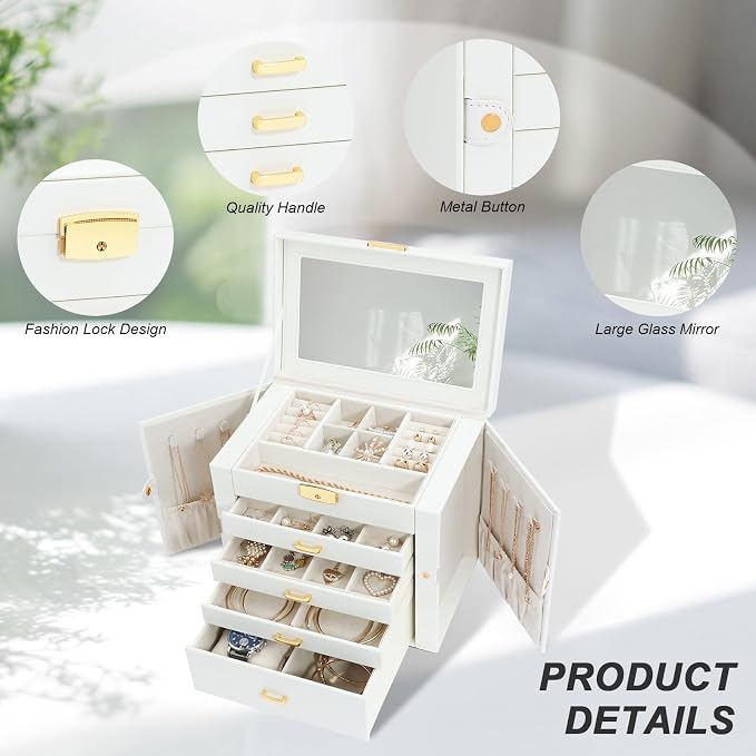 Jewelry Box for Women, 5-Layer Jewelry Organizers Box, Large Jewelry Storage Box for Girls, Jewelry Holder Organizers Gift for Valentine's Day, Christmas, New Year (White) - Image 5