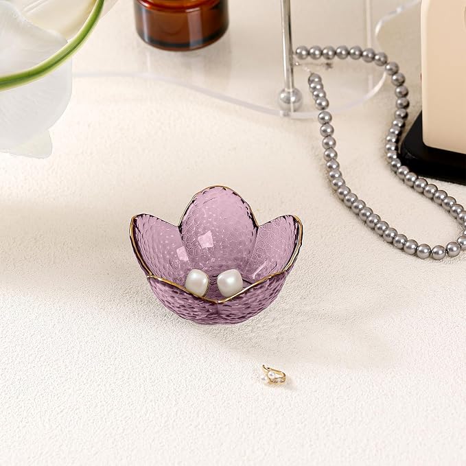 Purple Flower Jewelry Dish Glass Ring Holder Dish Jewelry Tray Cute Vanity Organizer Aesthetic Nightstand Bathroom Room Decor Trinket Dish Mothers Day Friendship Christmas Birthday Gifts for Women - Image 8