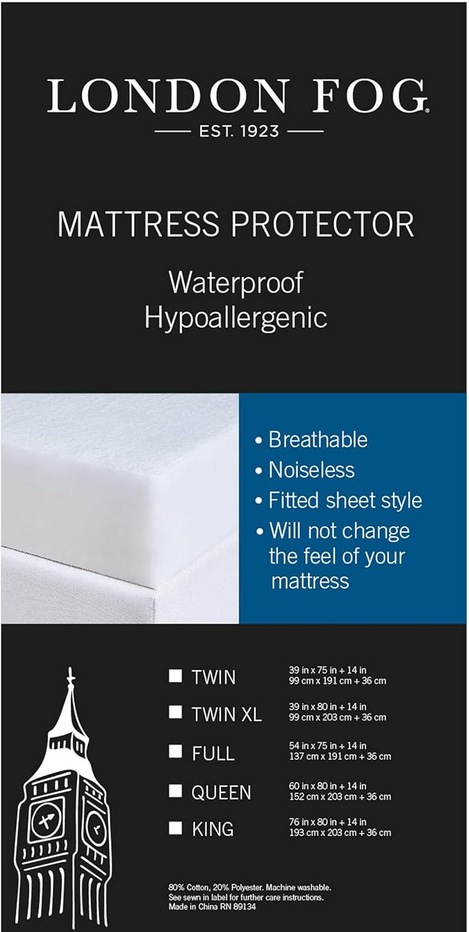 London Fog Premium Waterproof Hypoallergenic White Cotton 1-Piece Full Mattress Protector, basic, 80% Cotton/20% Polyester, for Men and Women, OEKO-TEX Certified Confidence