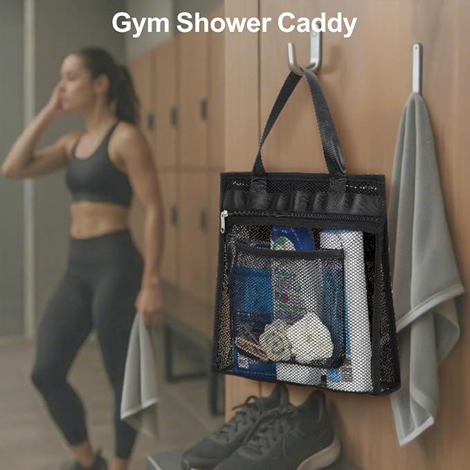 F-color Mesh Shower Caddy Portable Hanging - 3 Pockets Small Shower Bag Tote with Zipper Closure for Camping, Gym Lockers, Travel, Toiletry, Quick Dry Bathroom Essentials with S Hook, Black - Image 2
