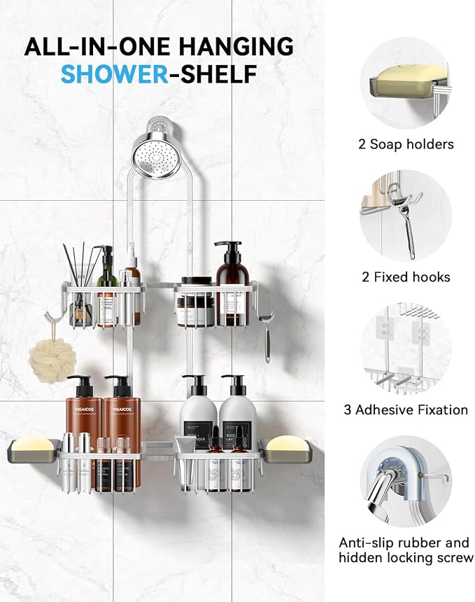 Adjustable Shower Caddy Hanging - Never Rust Shower Organizer Hanging, Aluminum Shower Racks for Inside Shower - Bathroom Organizers and Storage with 2 Soap Holders and 2 Removable Hooks, Silver - Image 4