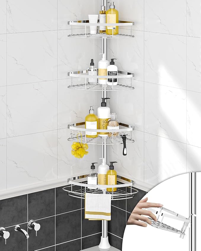 SEIRIONE Rustproof Shower Corner Caddy Organizer for Bathroom, 4 Adjustable Shelves with Tension Pole, for Bathtub Shampoo Accessories Storage Holder, 34 to 116 Inch Height, Silver by SEIRIONE