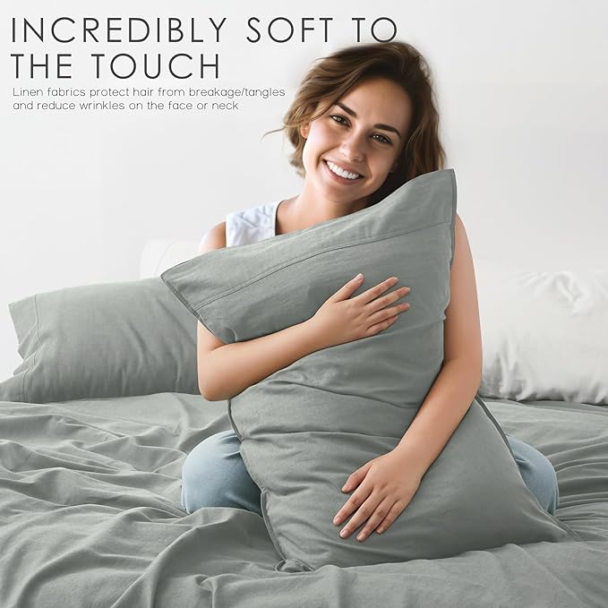 4Pcs Organic Linen Sheets Queen Size, 100% French Linen from Normandy, Tear-Resistant Earl Gray Queen Sheet Set with 16 Inch Deep Pocket, 1 Flat Sheet, 1 Fitted Sheet, 2 Pillowcases