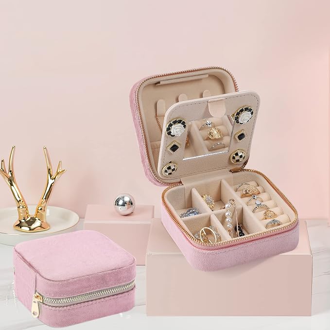 Dajasan Velvet Travel Jewelry Box, Mini Travel Jewelry Case, Small Portable Travel Jewelry Organizer Box with Mirror for Earrings Bracelets Rings Necklace (Pink) - Image 2