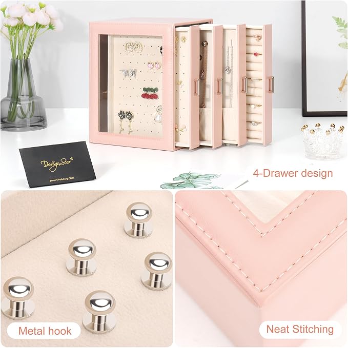DesignSter Jewelry Box Organizer, Jewelry Box for Women, PU Jewelry Organizer Display Case with Side Drawers, Jewelry Storage for Earring Necklace Ring Bracelet Watch - Image 6