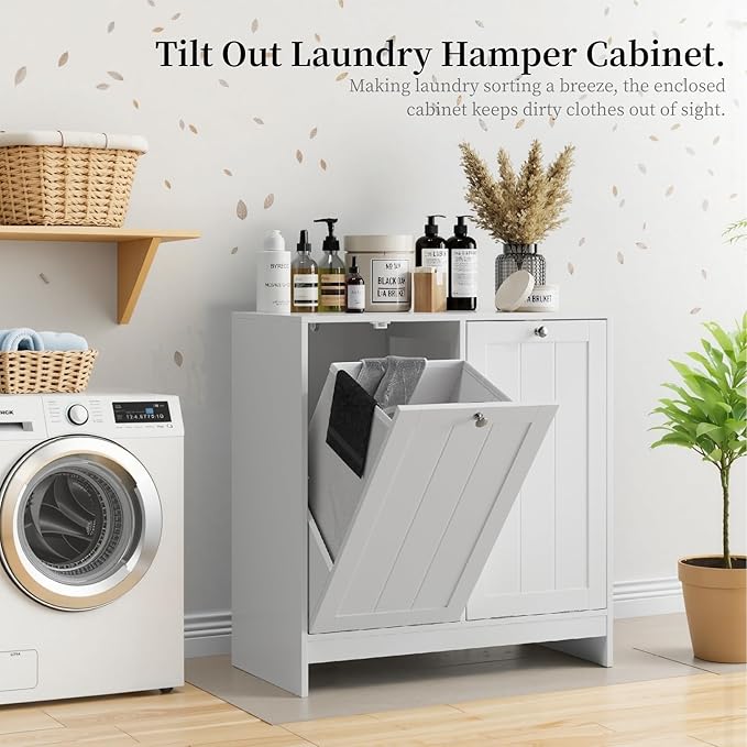 Tilt-Out Double Laundry Hamper Cabinet, White, 26.8" H x 26" W x 12" D, 5.9 Gal Capacity, MDF Construction. - Image 5