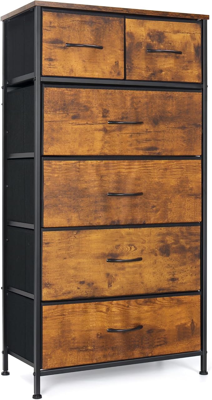 Mifuro Tall Dresser for Bedroom, Vertical Storage Organizer Tower with 6 Drawers, Chest of Drawers with Fabric Bins, Steel Frame, Wood Top for Bedroom, Closet, Entryway- Rustic Brown by MifuroOfficeProduct