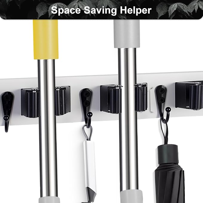 FunCee Broom Holder Wall Mount With 5 Slots & 4 Hooks，Rustic Wood Broom & Mop Hanger，Wall Mounted Garden & Garage Tool Storage Organizer Rack for Closet Laundry Room or Kitchen Wall Decor White - Image 6
