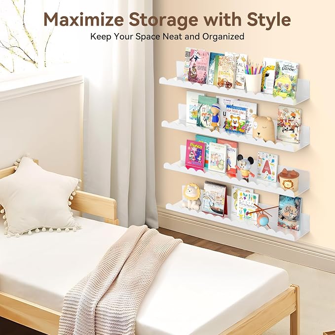 Floating Shelves for Wall, 23 Inch Metal Nursery Book Shelves 4 Pack, Wall Mounted Book Shelf for Kids Room, Bedroom, Bathroom, Playroom Decor （White） - Image 6