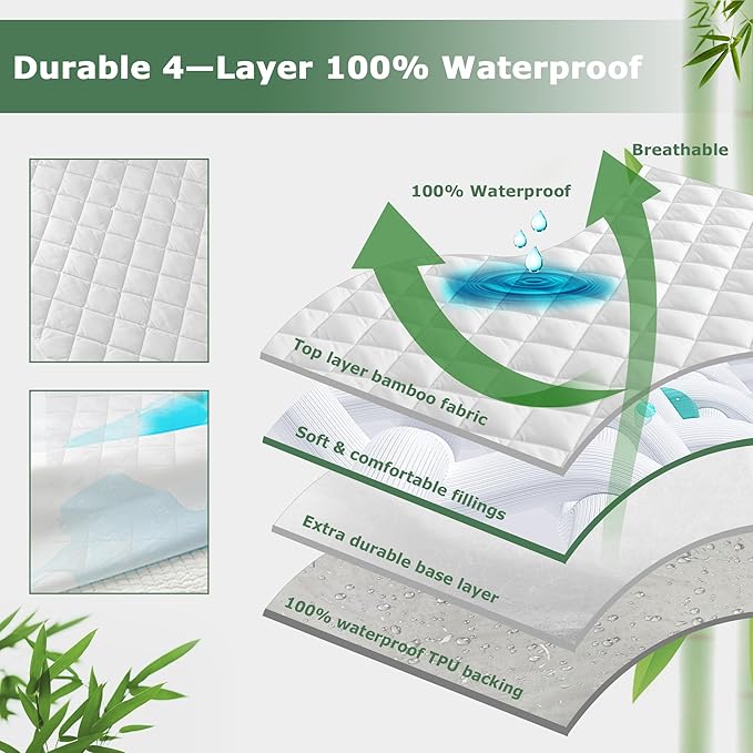 GRT 2 Pack Waterproof Crib Mattress Protector Rayon Made from Bamboo,Quilted Baby Mattress Pad Fitted Deep Pocket from 4" up to 9", Extra Breathable & Noiseless Toddler Mattress Cover 52"x28", White