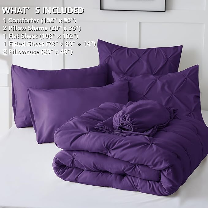 CozyLux King Size Comforter Set Purple, 7 Pieces Pintuck Bed in A Bag Purple Comforter King Size, Pinch Pleat Bedding Set with All Season Comforter, Sheets, Pillowcases & Shams