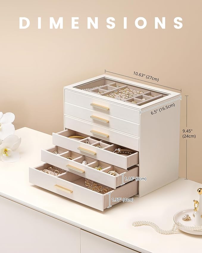 Lolalet Jewelry Box Organizer, 6-Layer Jewelry Organizers and Storage Case with Glass Lid, Ring Earring Bracelet Necklace Holder Organizer, Birthday Valentine Gifts for Women Girls -6Layer, Beige - Image 5