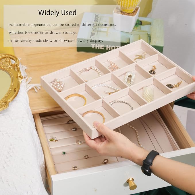 Large Velvet Jewelry Tray, Drawer Organizer for Jewelry in Dresser, Stackable Jewelry Drawer Organizer Inserts for Earring Necklace Bracelet Rings(Beige,12grid) - Image 6