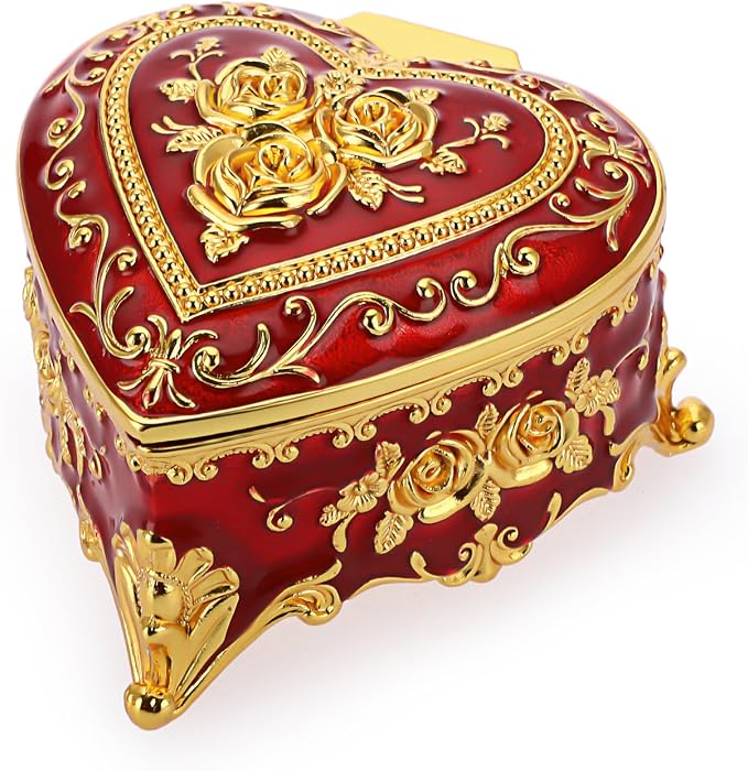 Hipiwe Heart Shape Jewelry Box Classic Metal Trinket Organizer Ring Storage Box with Rose Pattern Jewelry Storage Box for Ring Earrings Necklace, Gift for Women, Red by Hipiwe