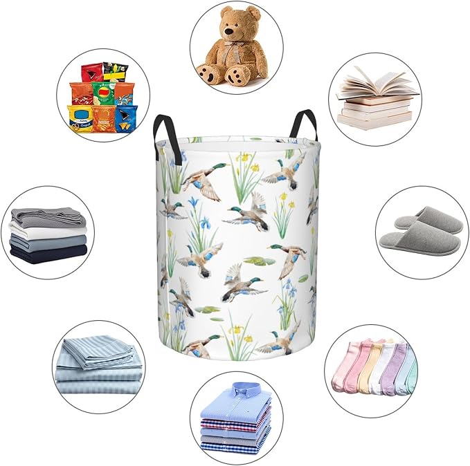 Laundry Basket Watercolor Mallard Duck Room Decor,Round Laundry Hamper Waterproof Dirty Clothes Hamper Collapsible Laundry Baskets With Handles,Toy/Clothes Storage Basket For Home Dorm Bathroom Decor - Image 5