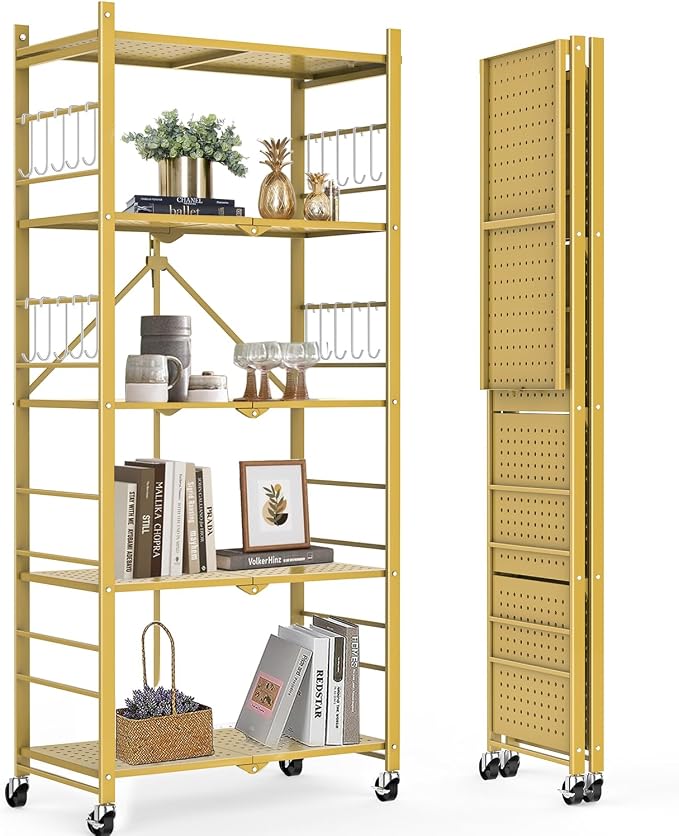 Himix Storage Shelves with 20 Hooks, 5-Tier Foldable Shelves for Storage, Folding Shelf Unit Pantry Shelves with Wheels, Standing Shelving Unit for Kitchen Garage Home Office Room Greenhouse, Gold - Image 8