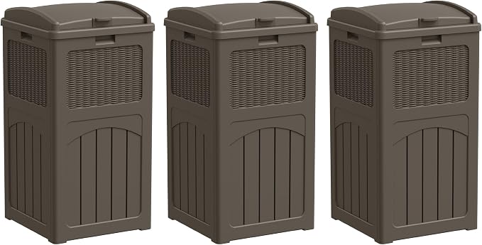Greesum 33 Gallon Outdoor Trash Can with Lid, Waterproof Resin Garbage Bin for Hideaway, Deck, Patio, 3 Pack, Dark Brown by BuynowfromGreesum