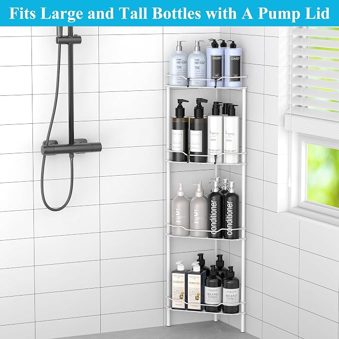 HuggieGems 4 Tier Floor Standing Corner Shower Caddy Organizer Shelf with Hooks, Bathroom Shelves Stand Rack, White - Image 4