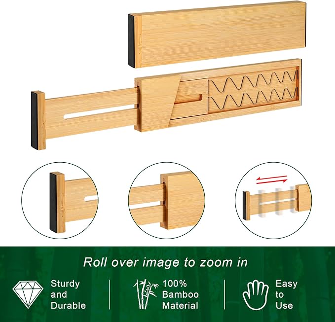 4 Pack Bamboo Drawer Dividers Organizer with Inserts 2.6'' High, Expandable from 12.5-21.7", Adjustable Drawer Organizer Separators for Utensils, Clothing, Office, Dresser, Bedroom, (Beige) - Image 8