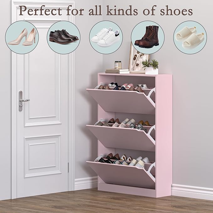 BORNOON Shoe Cabinet with 3 Flip Drawers, Hidden Wood Shoe Cabinet,Freestanding Shoe Storage Cabinet for Entryway Hallway.White. 47.2" H*31.5" W*9.45" D (Pink) - Image 4